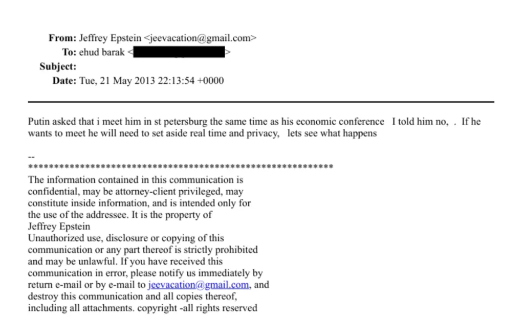 Mail di Epstein a Barak in cui afferma che sia stato Putin a richiedere un incontro con lui