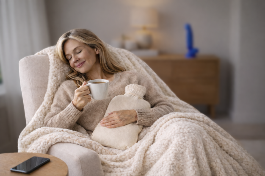 ragazza con tisana, coperta di pile e borsa dell'acqua calda 